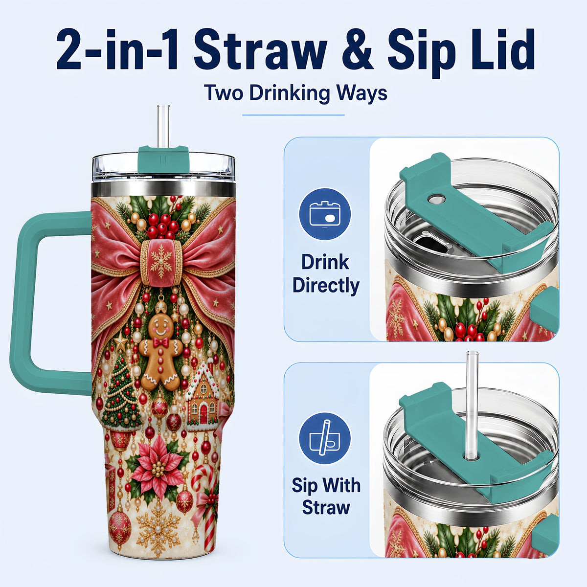 #pl[40oz|Green] Christmas Bow 40oz Tumbler with Handle, Festive Ribbon Drinkware