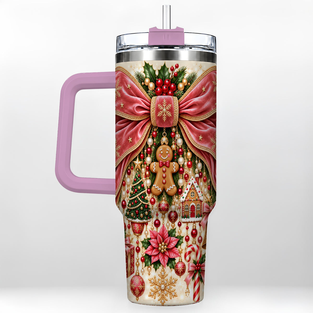 #pl[40oz|Pink] Christmas Bow 40oz Tumbler with Handle, Festive Ribbon Drinkware
