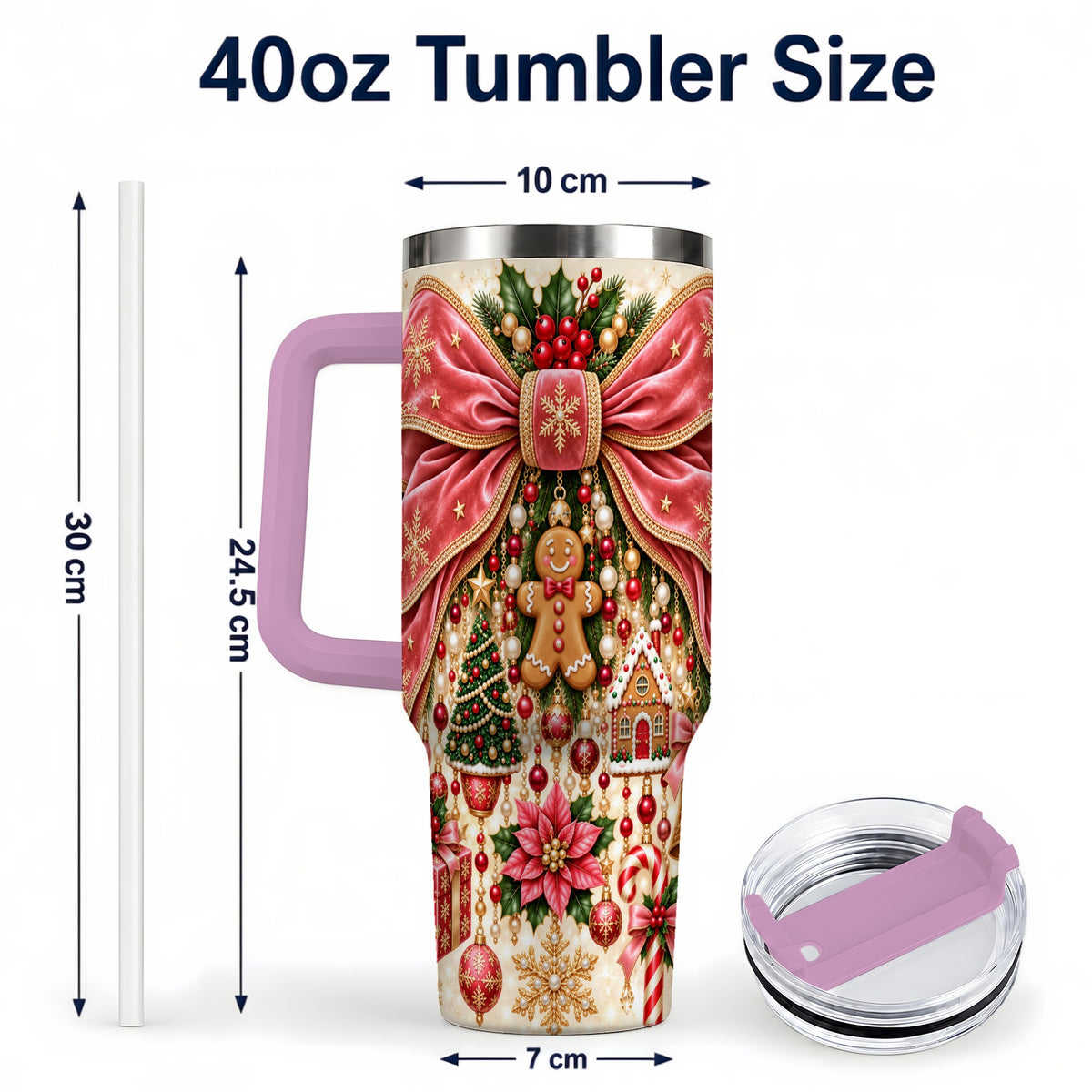 #pl[40oz|Pink] Christmas Bow 40oz Tumbler with Handle, Festive Ribbon Drinkware
