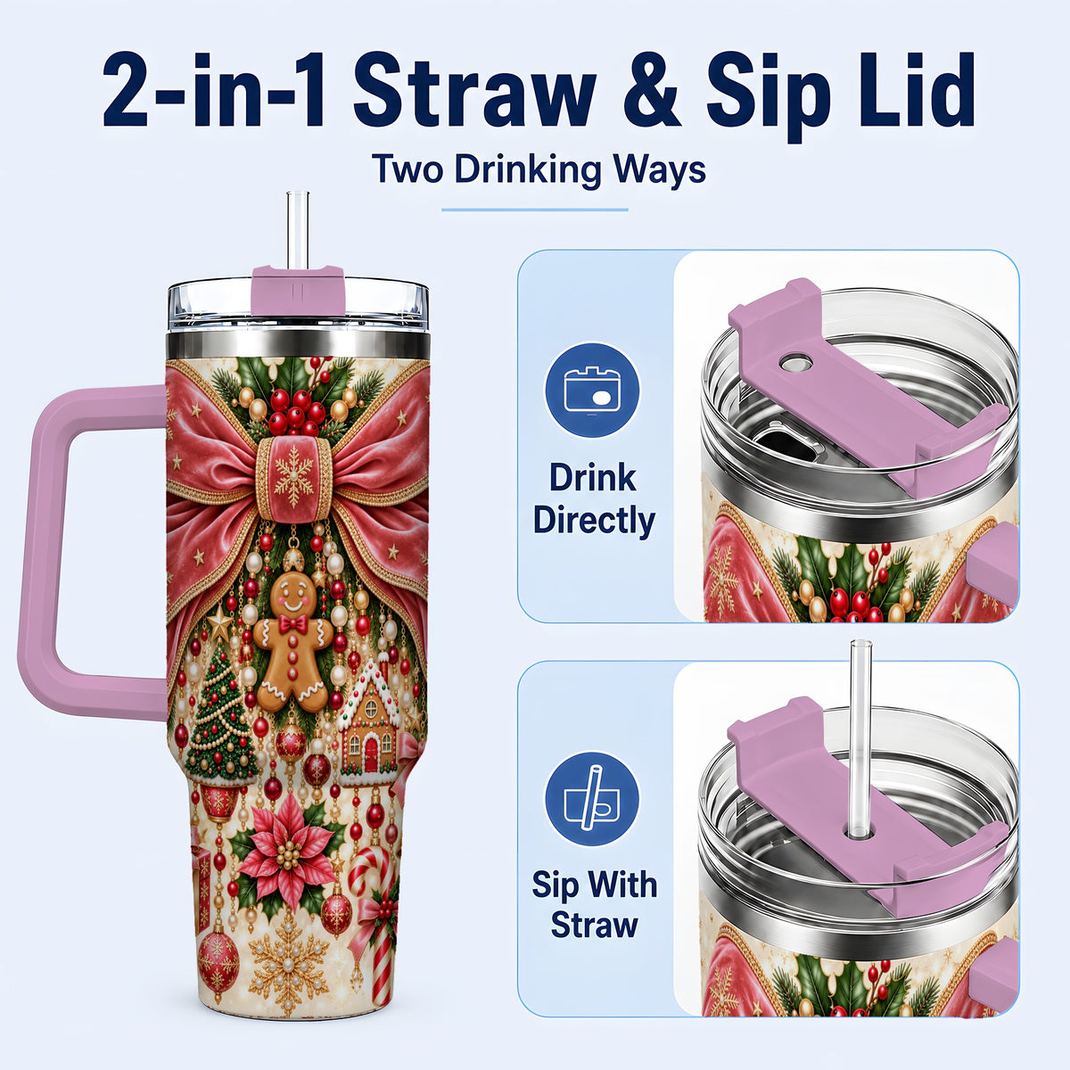 #pl[40oz|Pink] Christmas Bow 40oz Tumbler with Handle, Festive Ribbon Drinkware