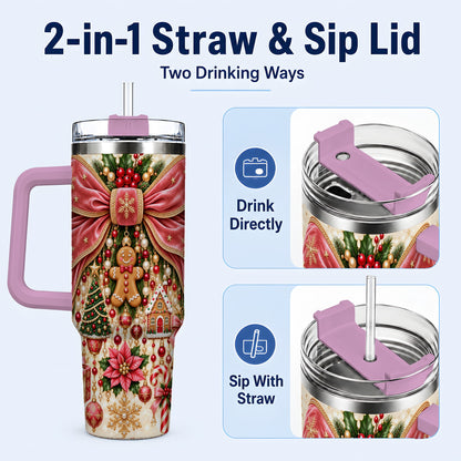 #pl[40oz|Pink] Christmas Bow 40oz Tumbler with Handle, Festive Ribbon Drinkware