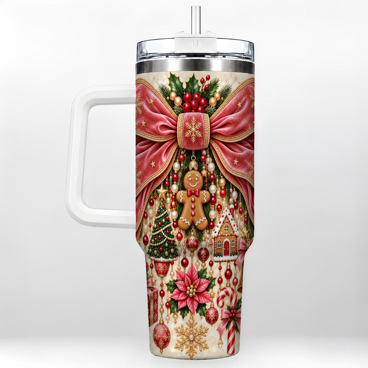 Christmas Bow 40oz Tumbler with Handle, Festive Ribbon Drinkware