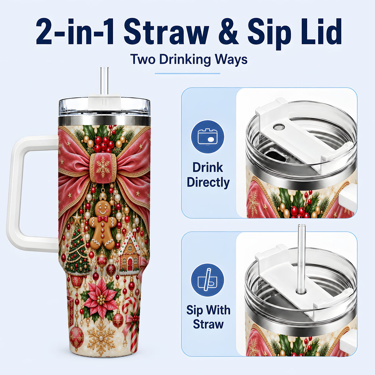 #pl[40oz|White] Christmas Bow 40oz Tumbler with Handle, Festive Ribbon Drinkware