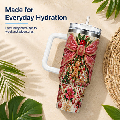 Christmas Bow 40oz Tumbler with Handle, Festive Ribbon Drinkware