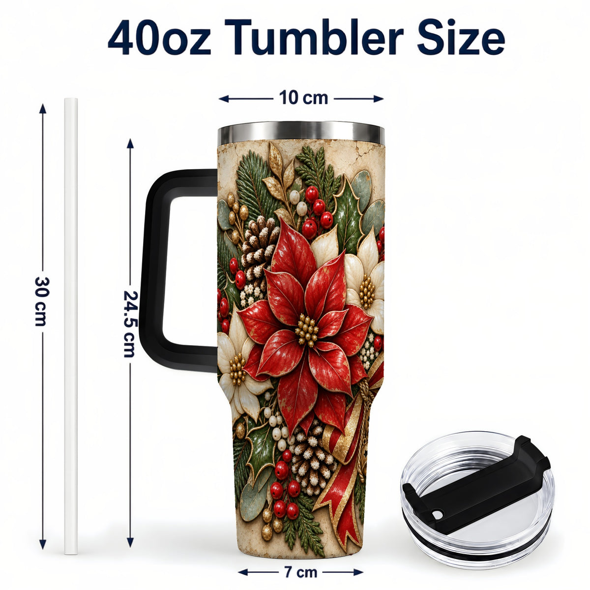 #pl[40oz|Black] Vintage Poinsettia 40oz Tumbler with Handle, Christmas Floral Art