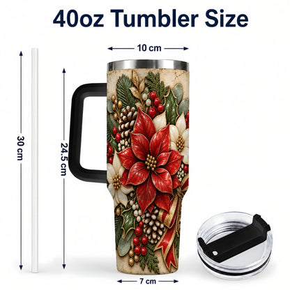 #pl[40oz|Black] Vintage Poinsettia 40oz Tumbler with Handle, Christmas Floral Art