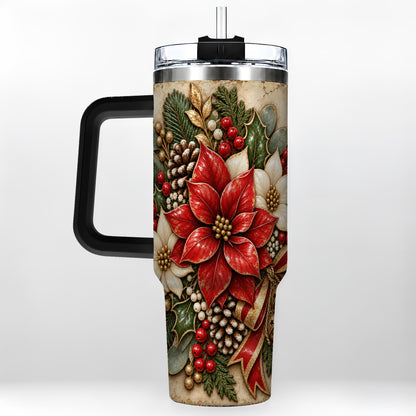 #pl[40oz|Black] Vintage Poinsettia 40oz Tumbler with Handle, Christmas Floral Art