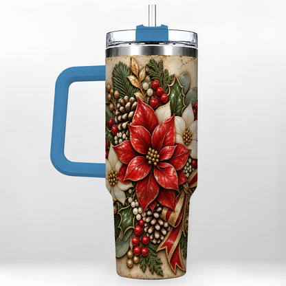 #pl[40oz|Blue] Vintage Poinsettia 40oz Tumbler with Handle, Christmas Floral Art