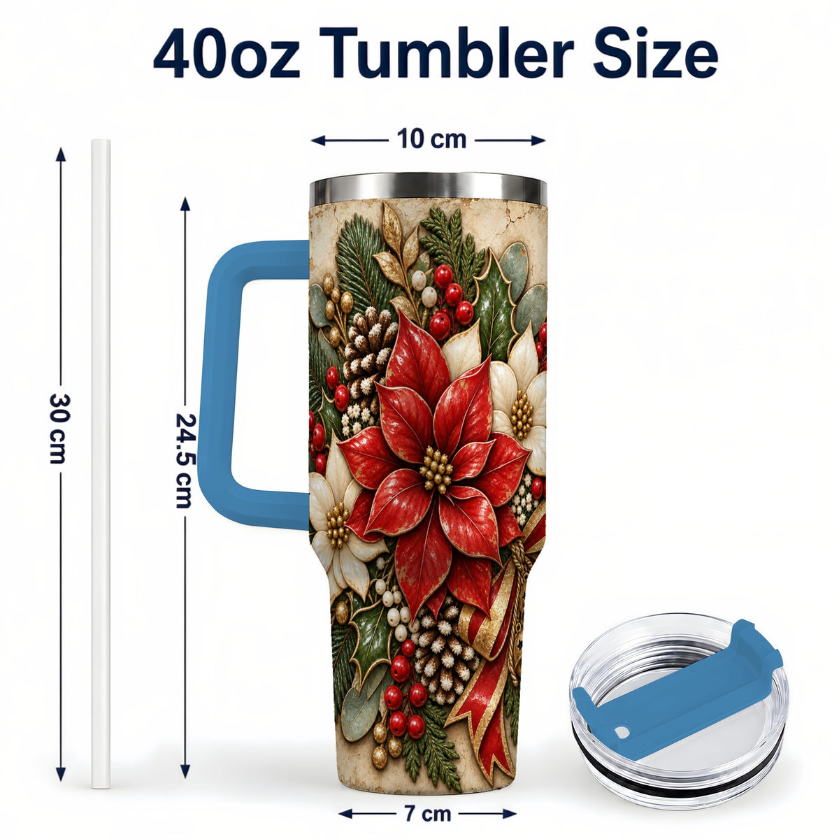 #pl[40oz|Blue] Vintage Poinsettia 40oz Tumbler with Handle, Christmas Floral Art