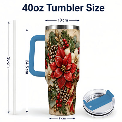 #pl[40oz|Blue] Vintage Poinsettia 40oz Tumbler with Handle, Christmas Floral Art