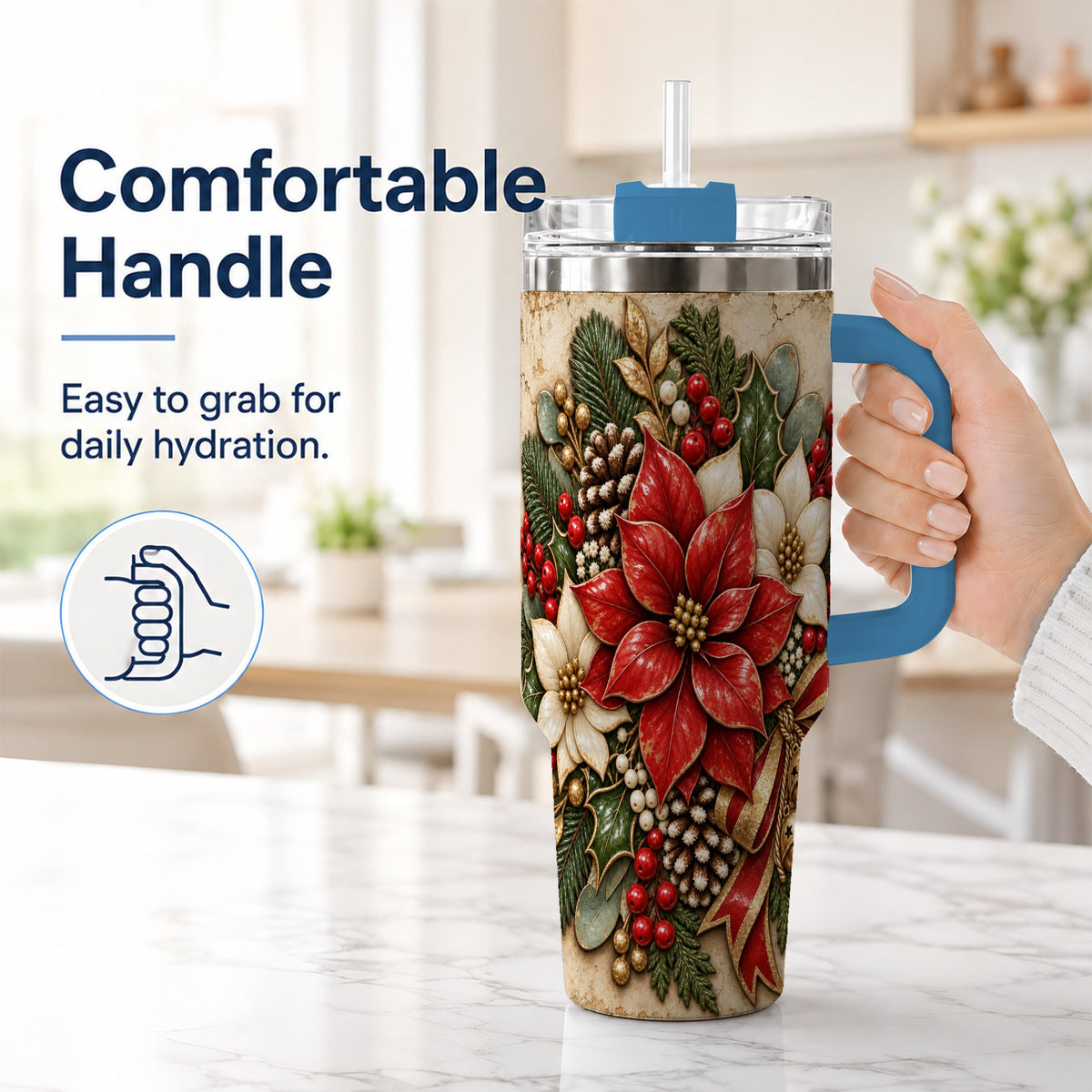 #pl[40oz|Blue] Vintage Poinsettia 40oz Tumbler with Handle, Christmas Floral Art