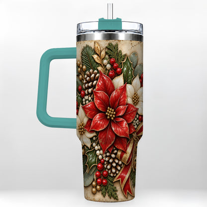 #pl[40oz|Green] Vintage Poinsettia 40oz Tumbler with Handle, Christmas Floral Art