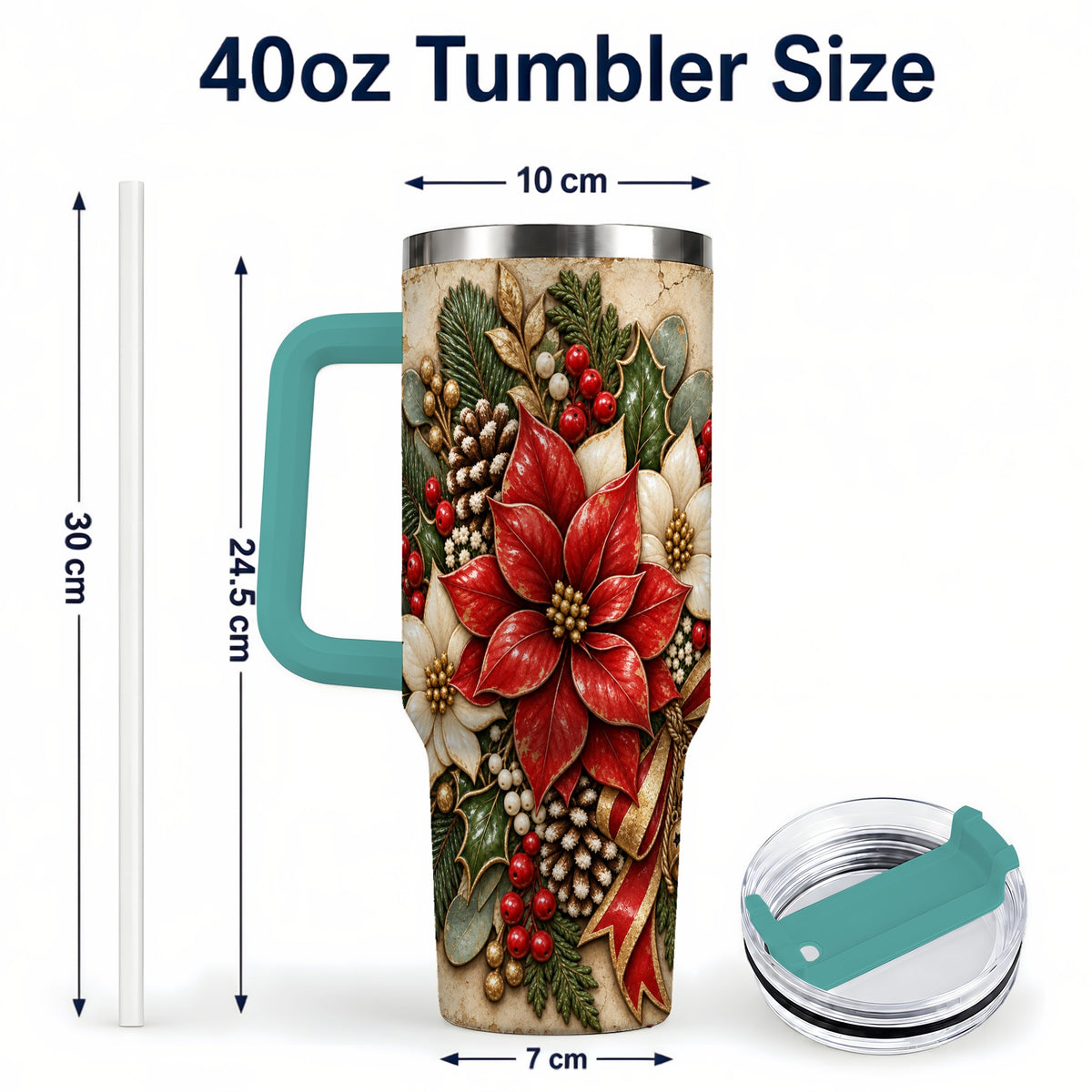 #pl[40oz|Green] Vintage Poinsettia 40oz Tumbler with Handle, Christmas Floral Art