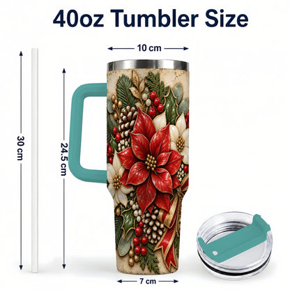 #pl[40oz|Green] Vintage Poinsettia 40oz Tumbler with Handle, Christmas Floral Art