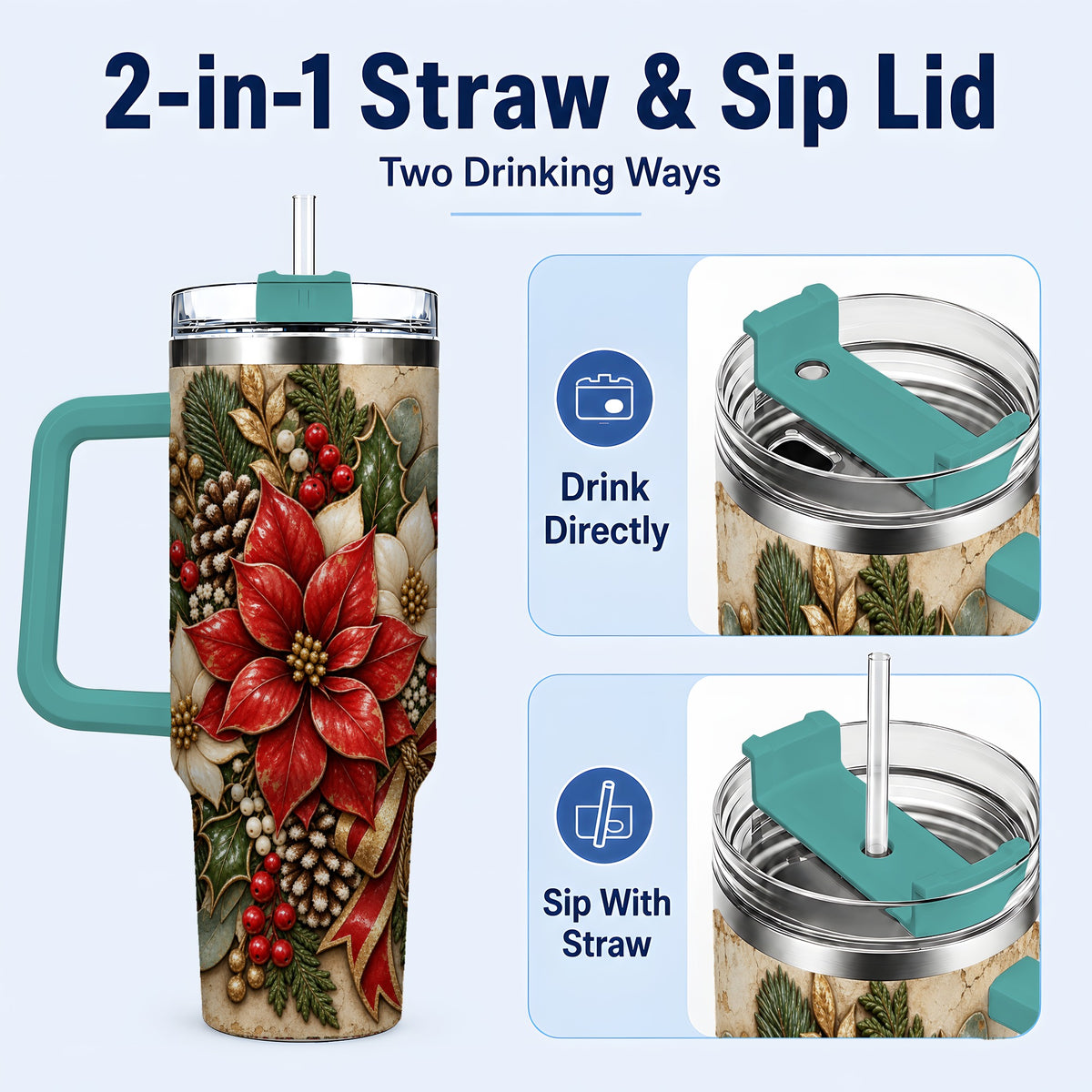 #pl[40oz|Green] Vintage Poinsettia 40oz Tumbler with Handle, Christmas Floral Art