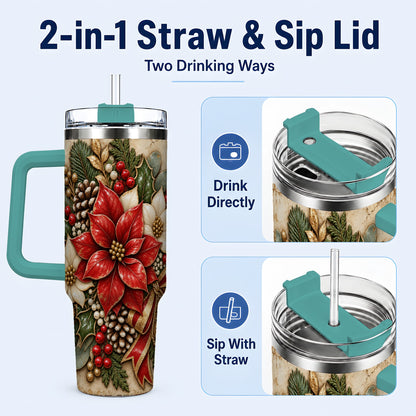 #pl[40oz|Green] Vintage Poinsettia 40oz Tumbler with Handle, Christmas Floral Art