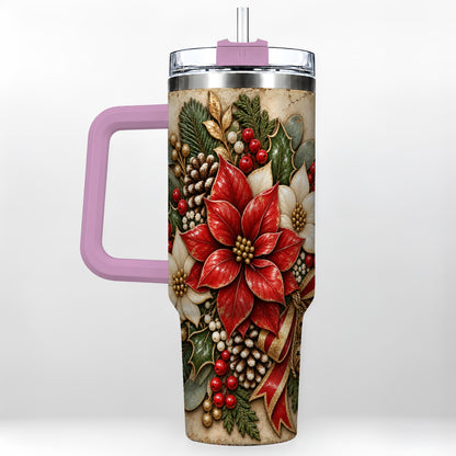 #pl[40oz|Pink] Vintage Poinsettia 40oz Tumbler with Handle, Christmas Floral Art