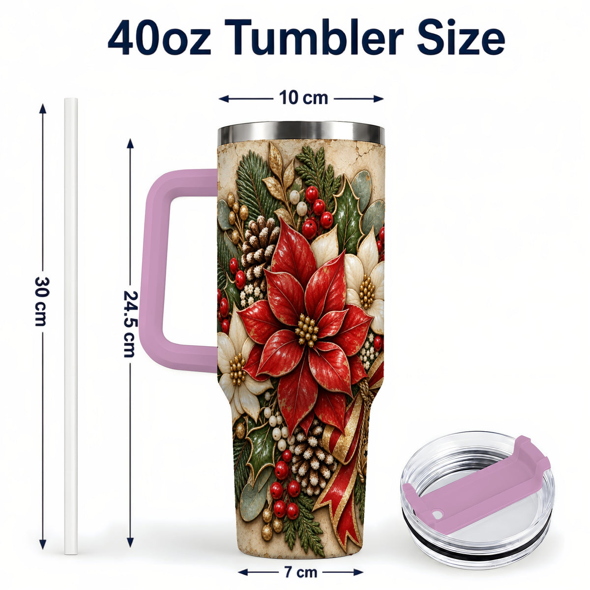 #pl[40oz|Pink] Vintage Poinsettia 40oz Tumbler with Handle, Christmas Floral Art