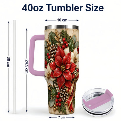 #pl[40oz|Pink] Vintage Poinsettia 40oz Tumbler with Handle, Christmas Floral Art