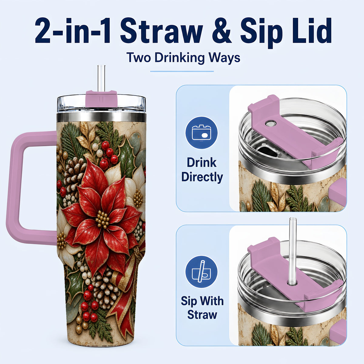 #pl[40oz|Pink] Vintage Poinsettia 40oz Tumbler with Handle, Christmas Floral Art