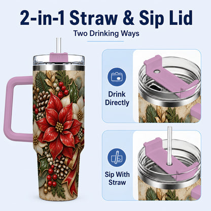 #pl[40oz|Pink] Vintage Poinsettia 40oz Tumbler with Handle, Christmas Floral Art