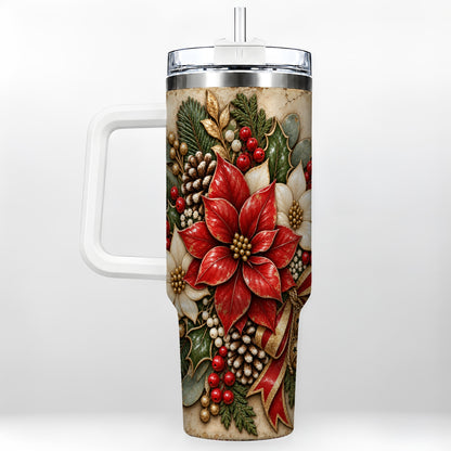 Vintage Poinsettia 40oz Tumbler with Handle, Christmas Floral Art