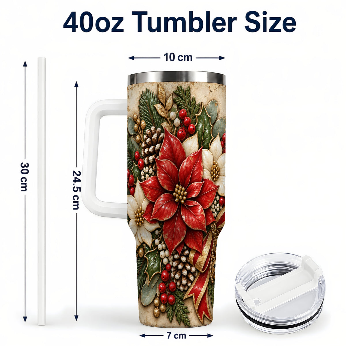 #pl[40oz|White] Vintage Poinsettia 40oz Tumbler with Handle, Christmas Floral Art