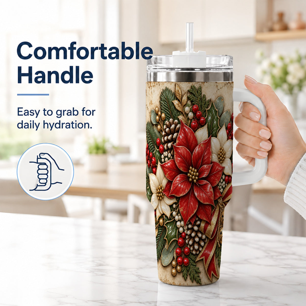#pl[40oz|White] Vintage Poinsettia 40oz Tumbler with Handle, Christmas Floral Art
