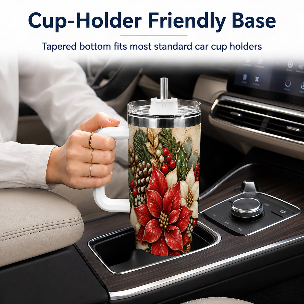 Vintage Poinsettia 40oz Tumbler with Handle, Christmas Floral Art