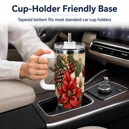 Vintage Poinsettia 40oz Tumbler with Handle, Christmas Floral Art