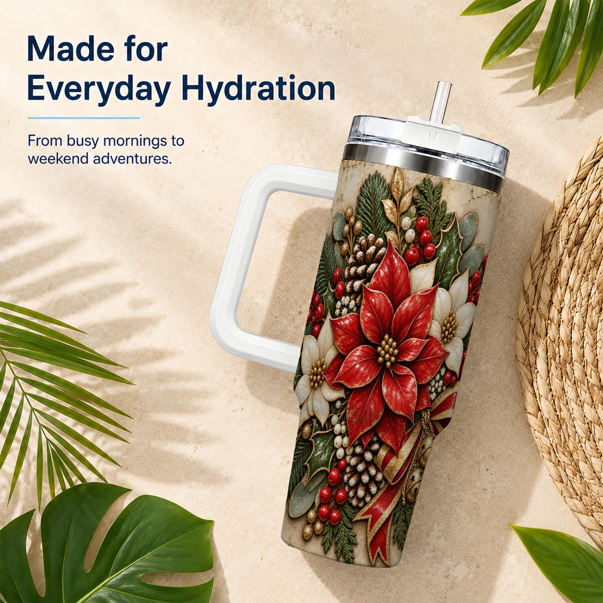 Vintage Poinsettia 40oz Tumbler with Handle, Christmas Floral Art