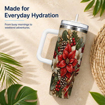 Vintage Poinsettia 40oz Tumbler with Handle, Christmas Floral Art