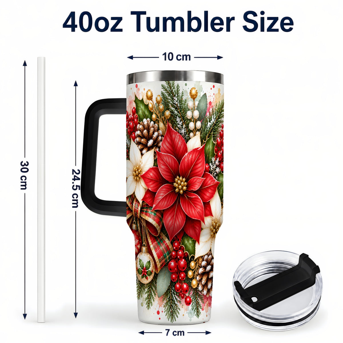 #pl[40oz|Black] Christmas Poinsettia 40oz Tumbler with Handle, Plaid Bow Floral Art