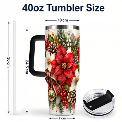 #pl[40oz|Black] Christmas Poinsettia 40oz Tumbler with Handle, Plaid Bow Floral Art