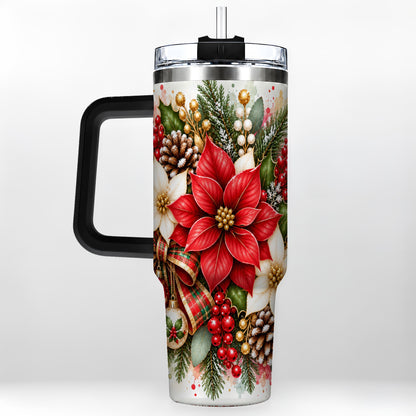 #pl[40oz|Black] Christmas Poinsettia 40oz Tumbler with Handle, Plaid Bow Floral Art