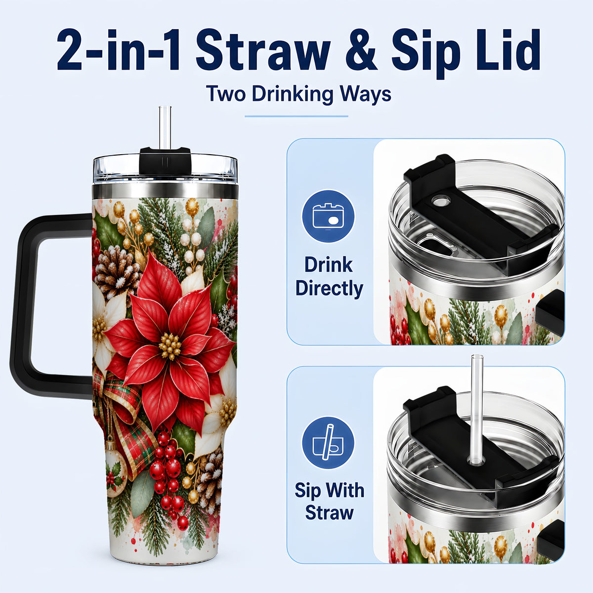 #pl[40oz|Black] Christmas Poinsettia 40oz Tumbler with Handle, Plaid Bow Floral Art