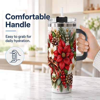#pl[40oz|Black] Christmas Poinsettia 40oz Tumbler with Handle, Plaid Bow Floral Art