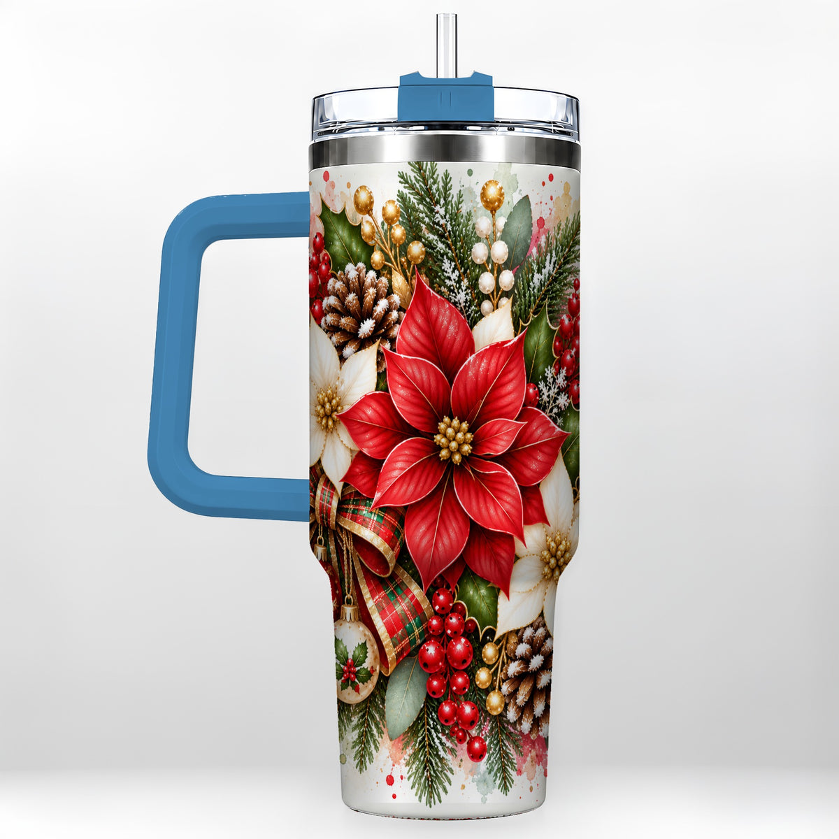 #pl[40oz|Blue] Christmas Poinsettia 40oz Tumbler with Handle, Plaid Bow Floral Art