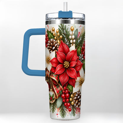 #pl[40oz|Blue] Christmas Poinsettia 40oz Tumbler with Handle, Plaid Bow Floral Art
