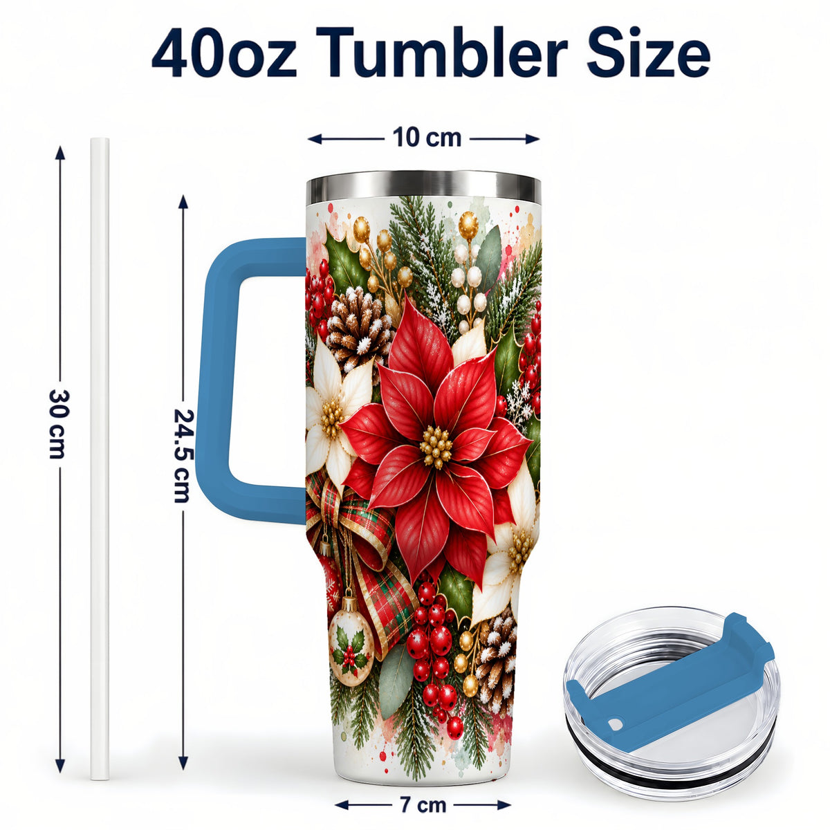 #pl[40oz|Blue] Christmas Poinsettia 40oz Tumbler with Handle, Plaid Bow Floral Art