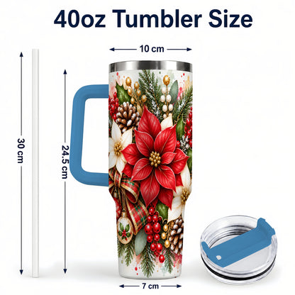#pl[40oz|Blue] Christmas Poinsettia 40oz Tumbler with Handle, Plaid Bow Floral Art