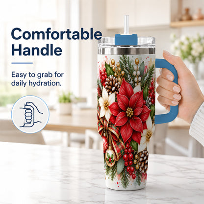 #pl[40oz|Blue] Christmas Poinsettia 40oz Tumbler with Handle, Plaid Bow Floral Art