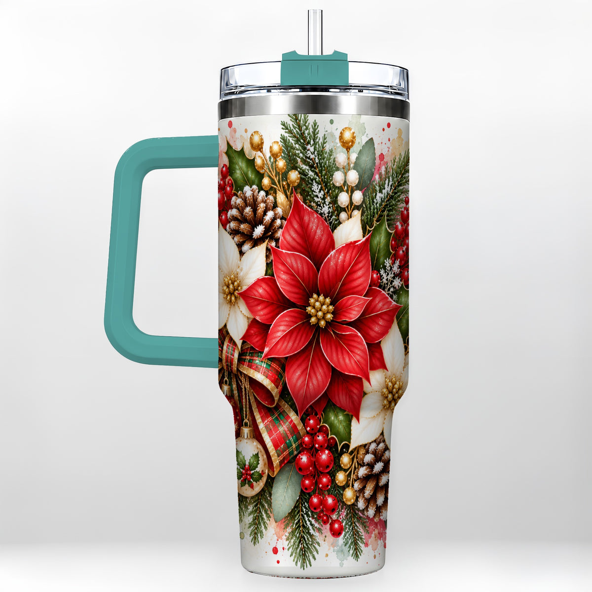 #pl[40oz|Green] Christmas Poinsettia 40oz Tumbler with Handle, Plaid Bow Floral Art