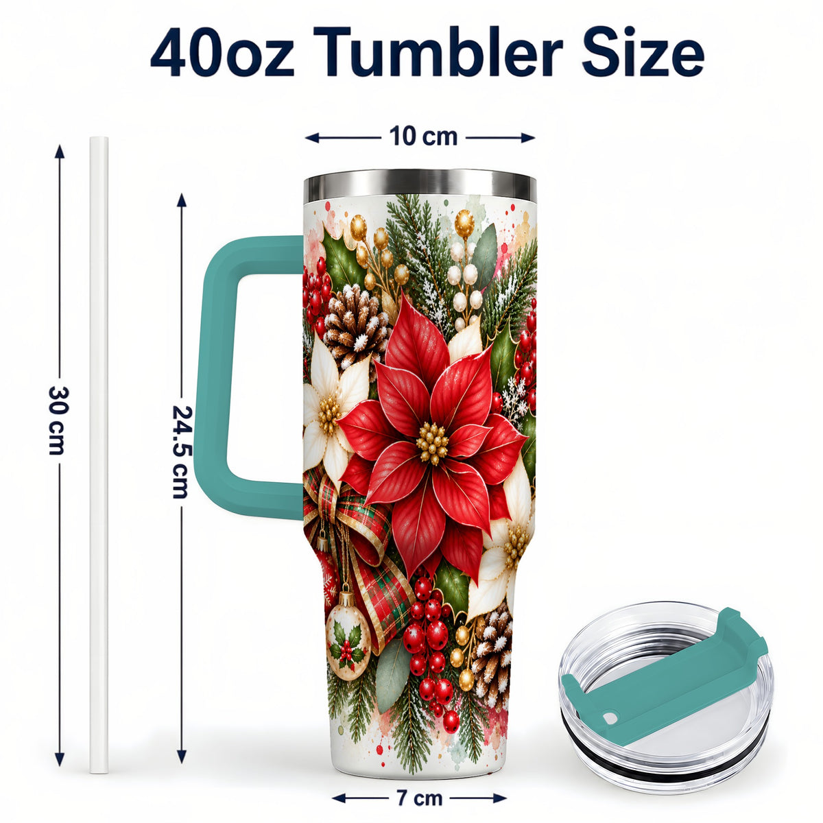 #pl[40oz|Green] Christmas Poinsettia 40oz Tumbler with Handle, Plaid Bow Floral Art