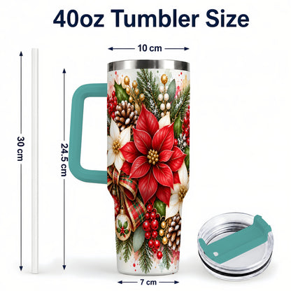 #pl[40oz|Green] Christmas Poinsettia 40oz Tumbler with Handle, Plaid Bow Floral Art