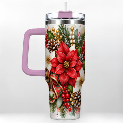 #pl[40oz|Pink] Christmas Poinsettia 40oz Tumbler with Handle, Plaid Bow Floral Art