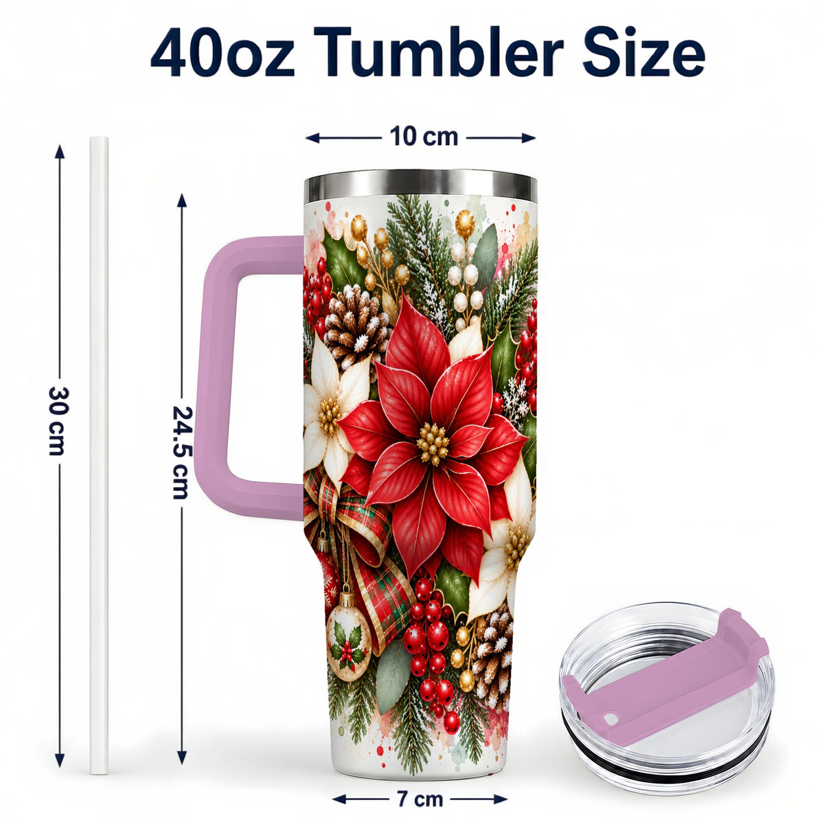 #pl[40oz|Pink] Christmas Poinsettia 40oz Tumbler with Handle, Plaid Bow Floral Art