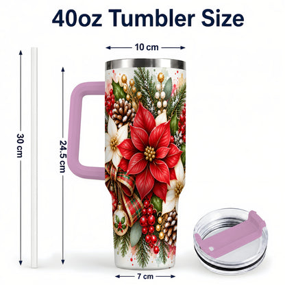 #pl[40oz|Pink] Christmas Poinsettia 40oz Tumbler with Handle, Plaid Bow Floral Art