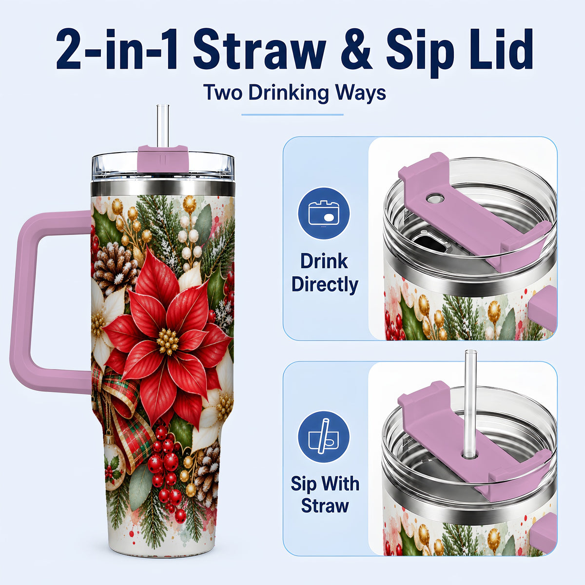 #pl[40oz|Pink] Christmas Poinsettia 40oz Tumbler with Handle, Plaid Bow Floral Art