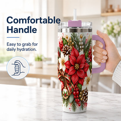 #pl[40oz|Pink] Christmas Poinsettia 40oz Tumbler with Handle, Plaid Bow Floral Art